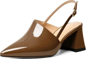 AUMOTED Women's Slingback Block Heels Pointed Closed Toe Patent Solid Mid Heel Pumps Chunky Dating Party Dress Shoes 2.5 Inch