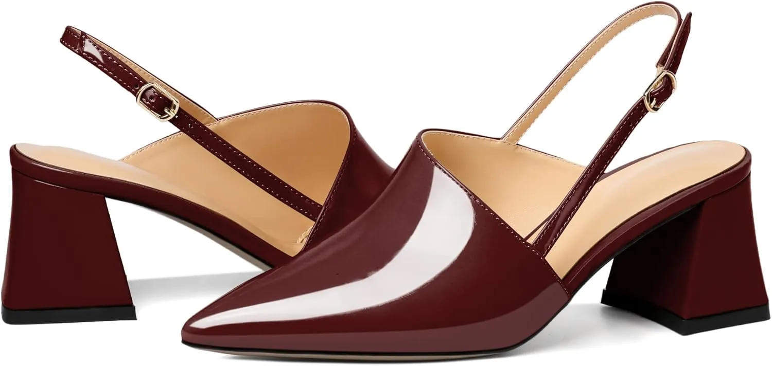 AUMOTED Women's Slingback Block Heels Pointed Closed Toe Patent Solid Mid Heel Pumps Chunky Dating Party Dress Shoes 2.5 Inch