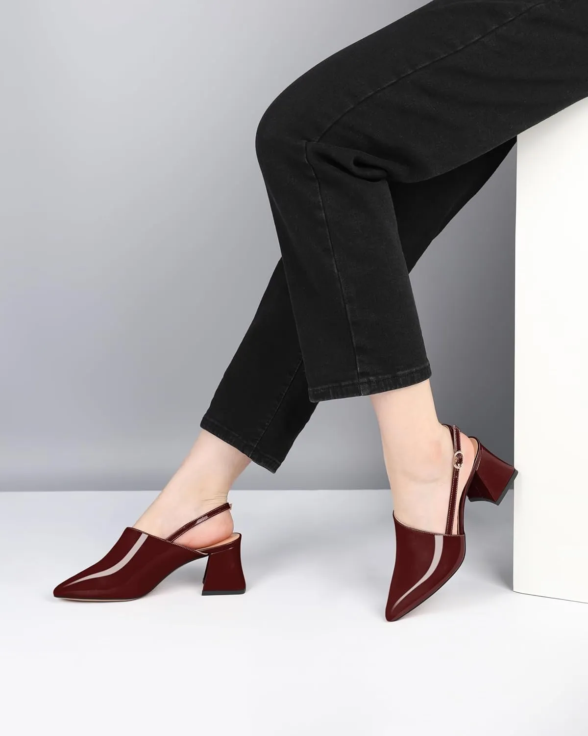 AUMOTED Women's Slingback Block Heels Pointed Closed Toe Patent Solid Mid Heel Pumps Chunky Dating Party Dress Shoes 2.5 Inch