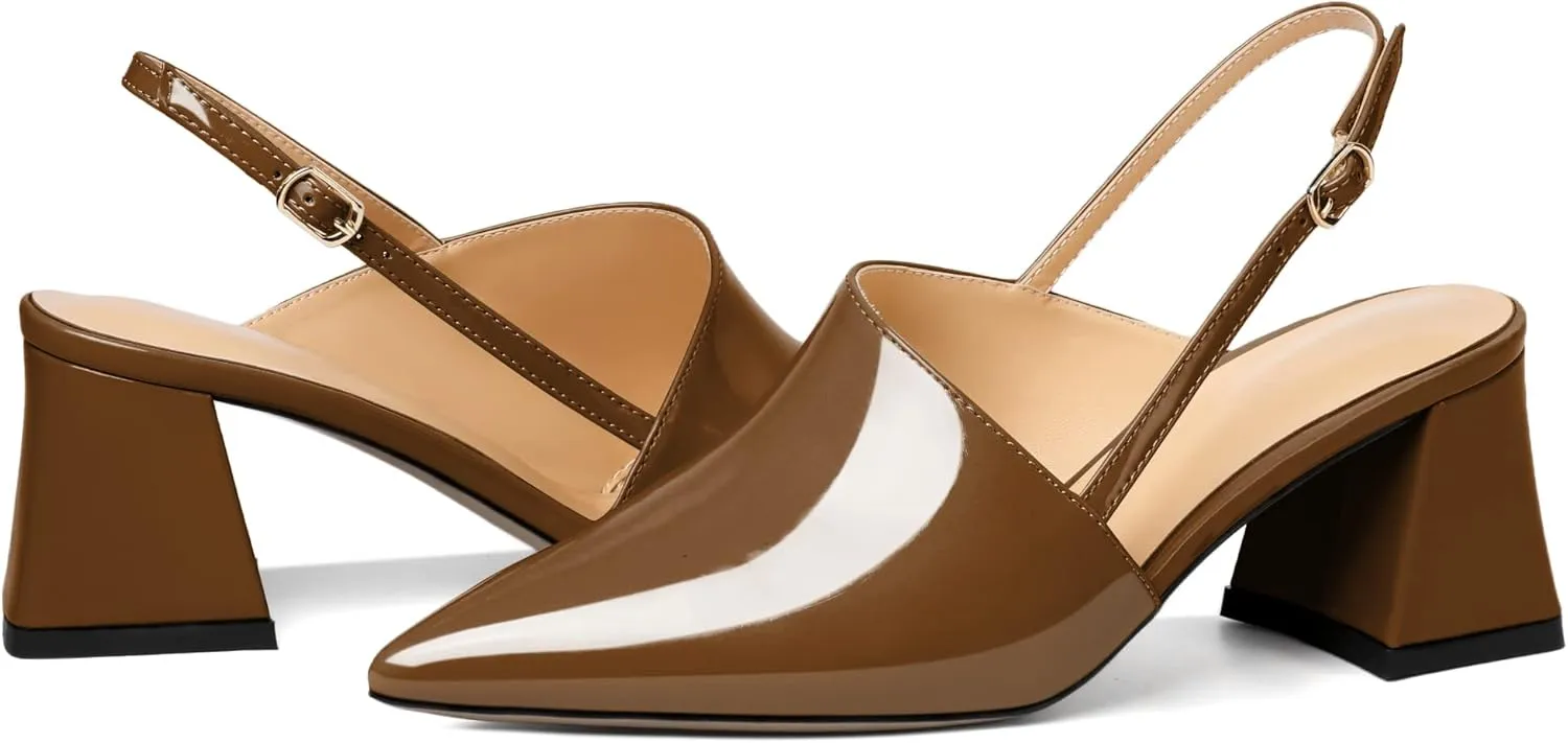 AUMOTED Women's Slingback Block Heels Pointed Closed Toe Patent Solid Mid Heel Pumps Chunky Dating Party Dress Shoes 2.5 Inch