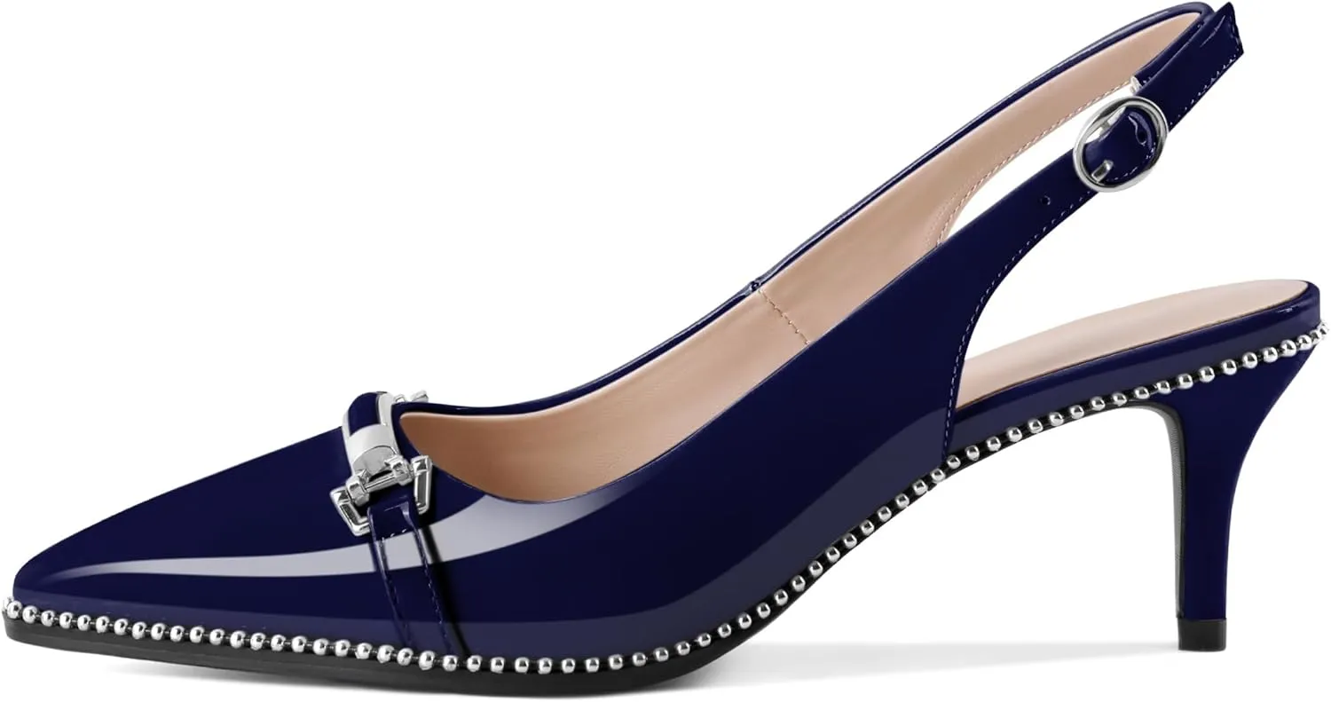 AUMOTED Women's Slingback Heels Beaded Kitten Pumps Pointed Toe Low Heels Comfortable 2.5 Inch Dress Sandals