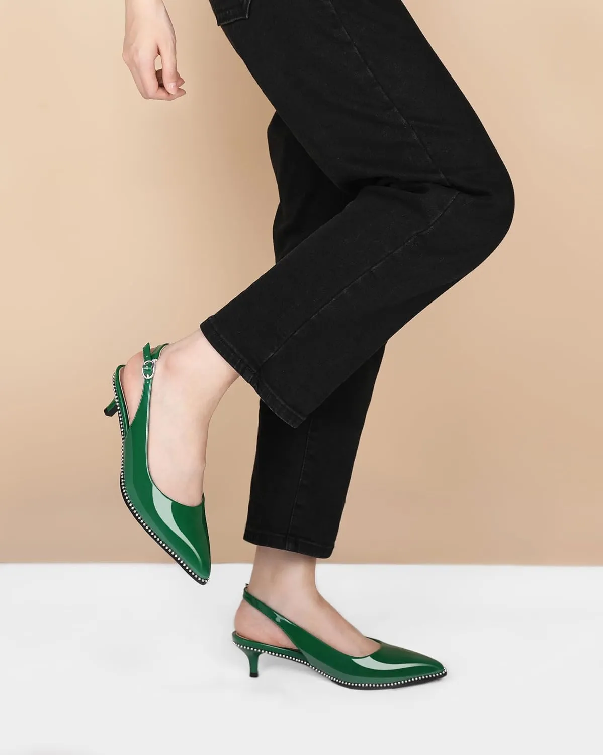 AUMOTED Women's Slingback Kitten Heels Pointed Toe Stiletto Low Heel Ankle-Strap with Beaded Pumps Dress Shoes 1.6 Inches