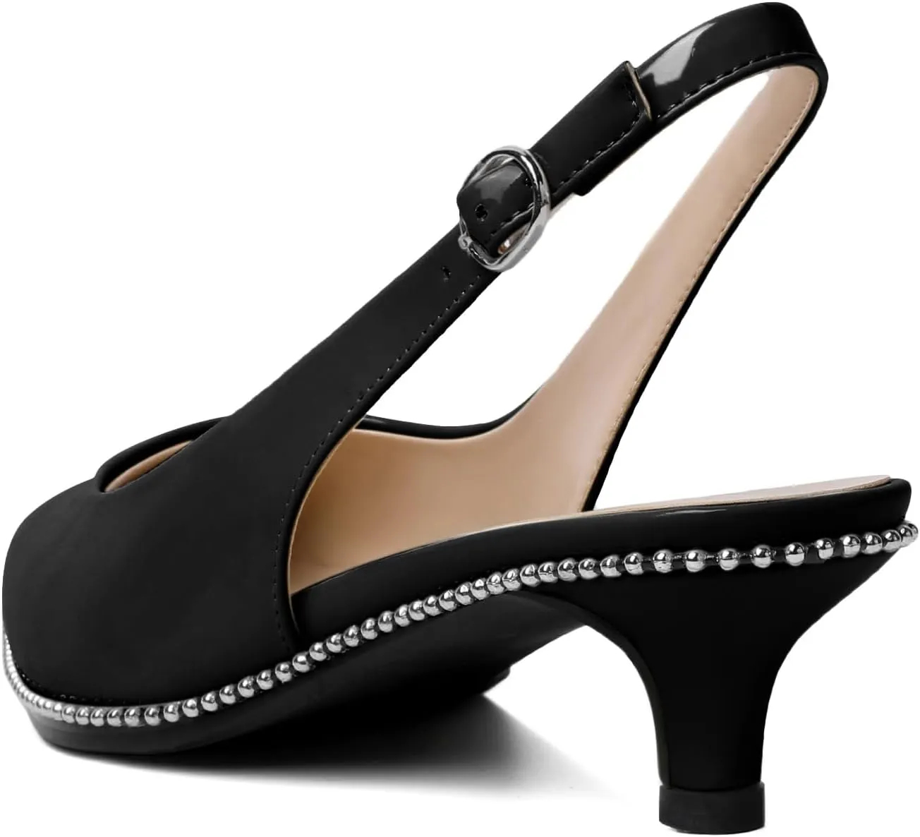 AUMOTED Women's Slingback Kitten Heels Pointed Toe Stiletto Low Heel Ankle-Strap with Beaded Pumps Dress Shoes 1.6 Inches
