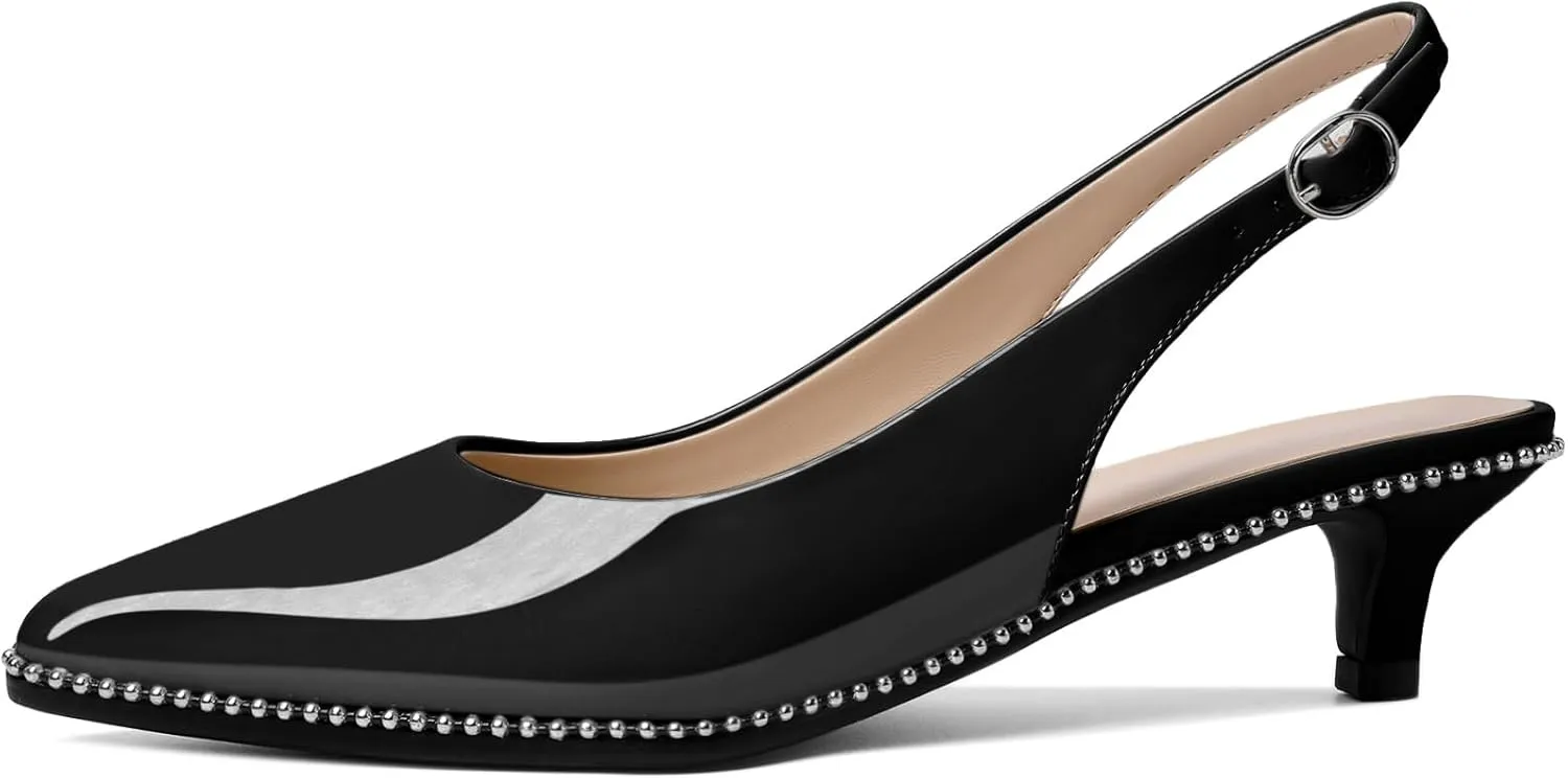 AUMOTED Women's Slingback Kitten Heels Pointed Toe Stiletto Low Heel Ankle-Strap with Beaded Pumps Dress Shoes 1.6 Inches