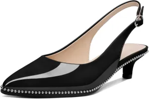 AUMOTED Women's Slingback Kitten Heels Pointed Toe Stiletto Low Heel Ankle-Strap with Beaded Pumps Dress Shoes 1.6 Inches