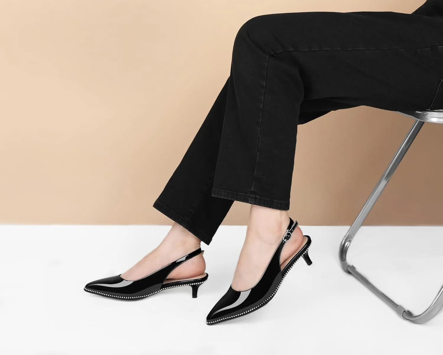 AUMOTED Women's Slingback Kitten Heels Pointed Toe Stiletto Low Heel Ankle-Strap with Beaded Pumps Dress Shoes 1.6 Inches