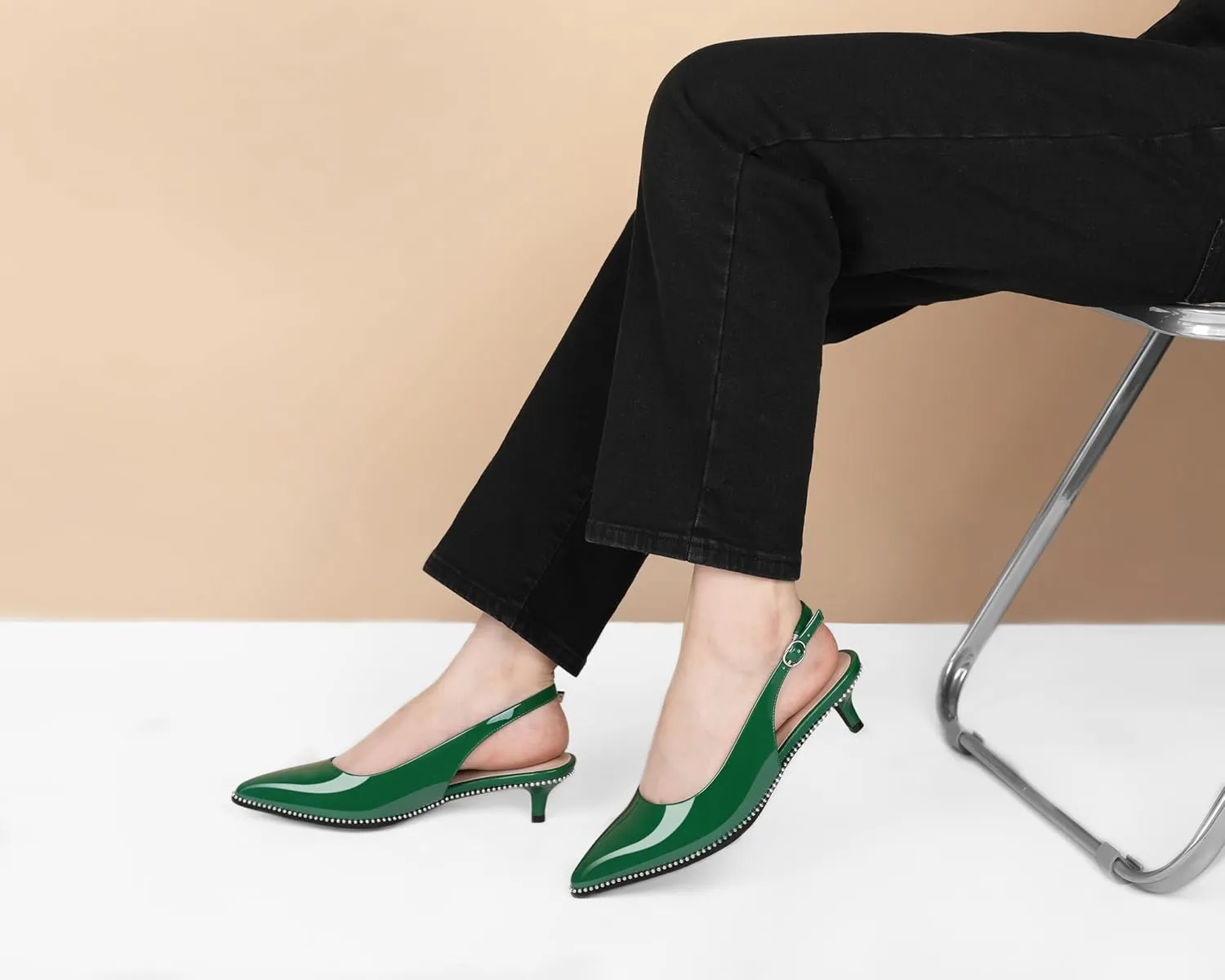 AUMOTED Women's Slingback Kitten Heels Pointed Toe Stiletto Low Heel Ankle-Strap with Beaded Pumps Dress Shoes 1.6 Inches