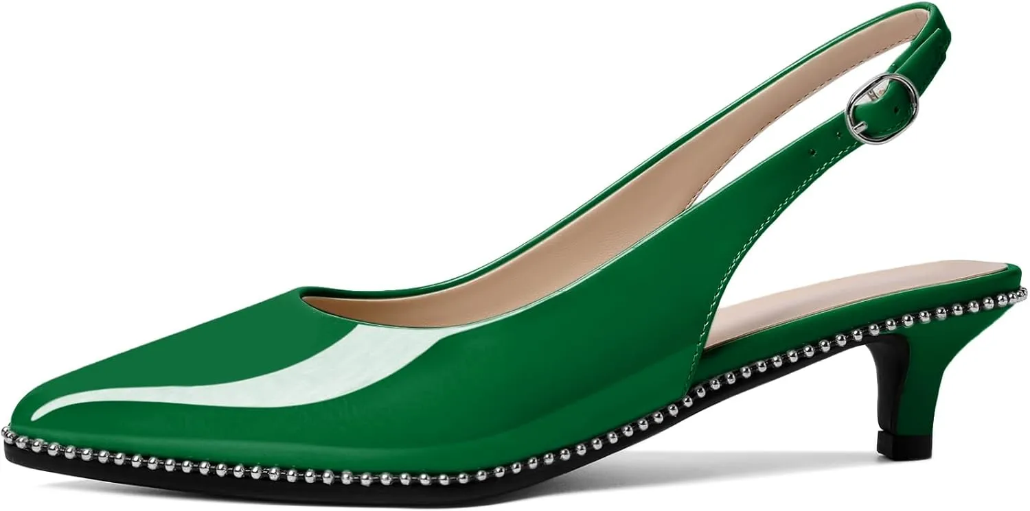 AUMOTED Women's Slingback Kitten Heels Pointed Toe Stiletto Low Heel Ankle-Strap with Beaded Pumps Dress Shoes 1.6 Inches