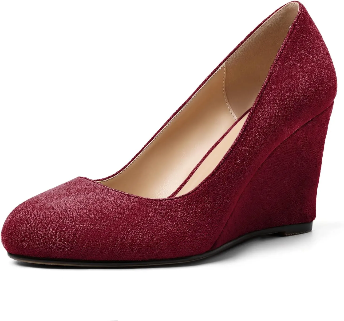 AUMOTED Women's Wedges Heel Pumps Solid Solid Closed Round Toe Wedge Pumps Slip On 3.5 Inch Wedge Suede Heels for Dress Working Evening
