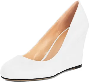 AUMOTED Women's Wedges Heel Pumps Solid Solid Closed Round Toe Wedge Pumps Slip On 3.5 Inch Wedge Suede Heels for Dress Working Evening