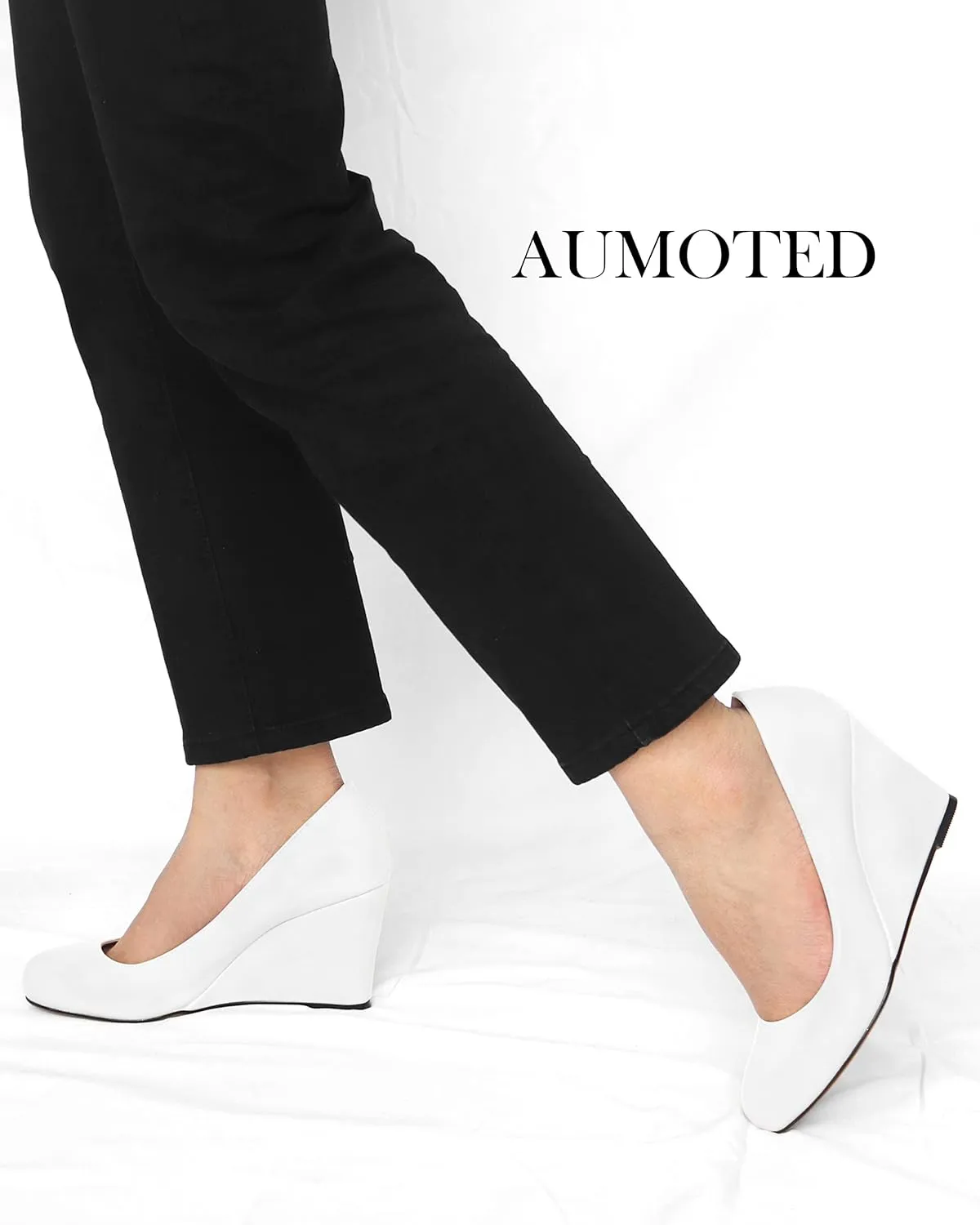 AUMOTED Women's Wedges Heel Pumps Solid Solid Closed Round Toe Wedge Pumps Slip On 3.5 Inch Wedge Suede Heels for Dress Working Evening