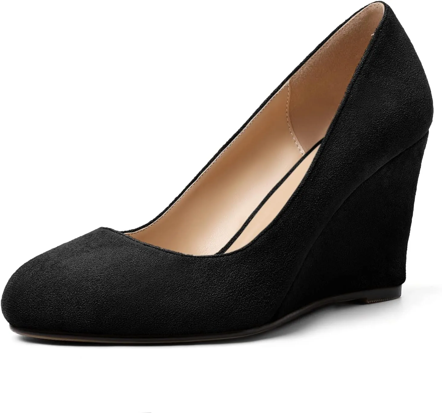 AUMOTED Women's Wedges Heel Pumps Solid Solid Closed Round Toe Wedge Pumps Slip On 3.5 Inch Wedge Suede Heels for Dress Working Evening