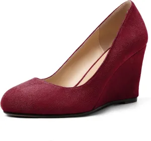 AUMOTED Women's Wedges Heel Pumps Solid Solid Closed Round Toe Wedge Pumps Slip On 3.5 Inch Wedge Suede Heels for Dress Working Evening
