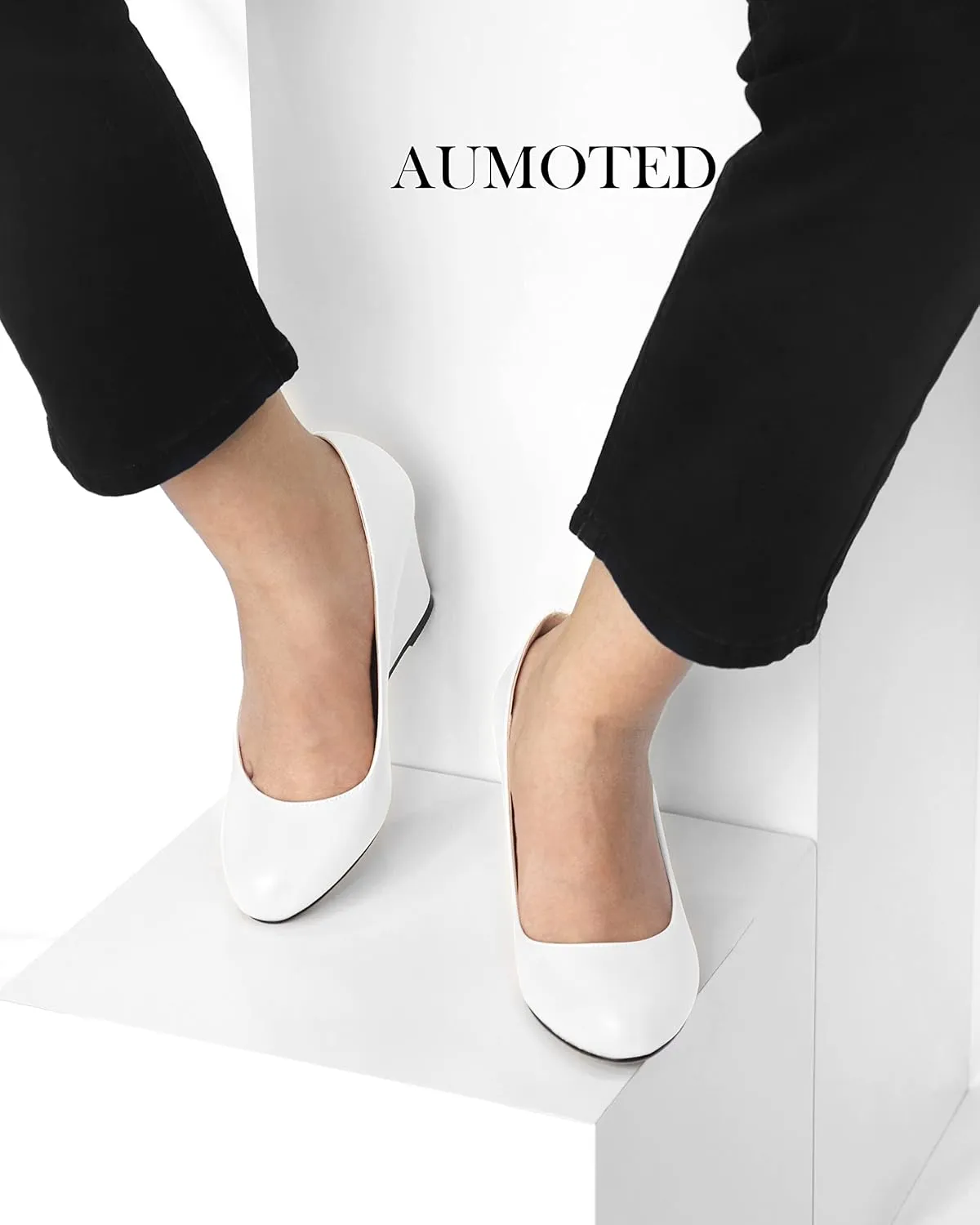 AUMOTED Women's Wedges Heel Pumps Solid Solid Closed Round Toe Wedge Pumps Slip On 3.5 Inch Wedge Suede Heels for Dress Working Evening
