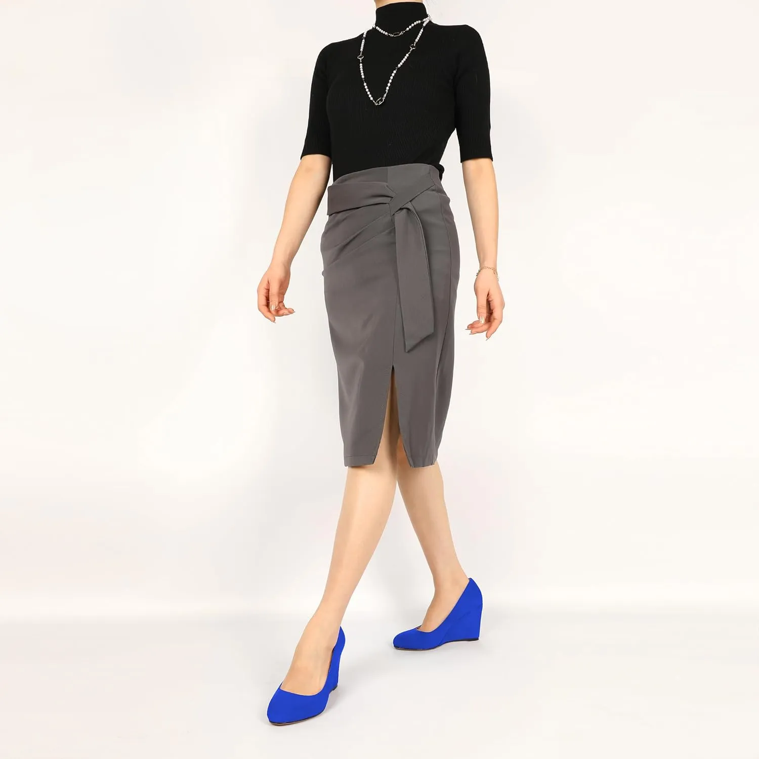 AUMOTED Women's Wedges Heel Pumps Solid Solid Closed Round Toe Wedge Pumps Slip On 3.5 Inch Wedge Suede Heels for Dress Working Evening