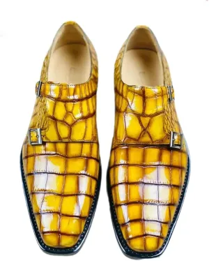 Authentic Crocodile Belly Skin Square Toe Men's Gold Color Dress Shoes Genuine Alligator Leather Buckle Strap Male Party Oxfords