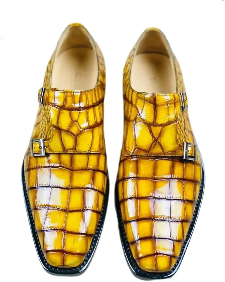 Authentic Crocodile Belly Skin Square Toe Men's Gold Color Dress Shoes Genuine Alligator Leather Buckle Strap Male Party Oxfords