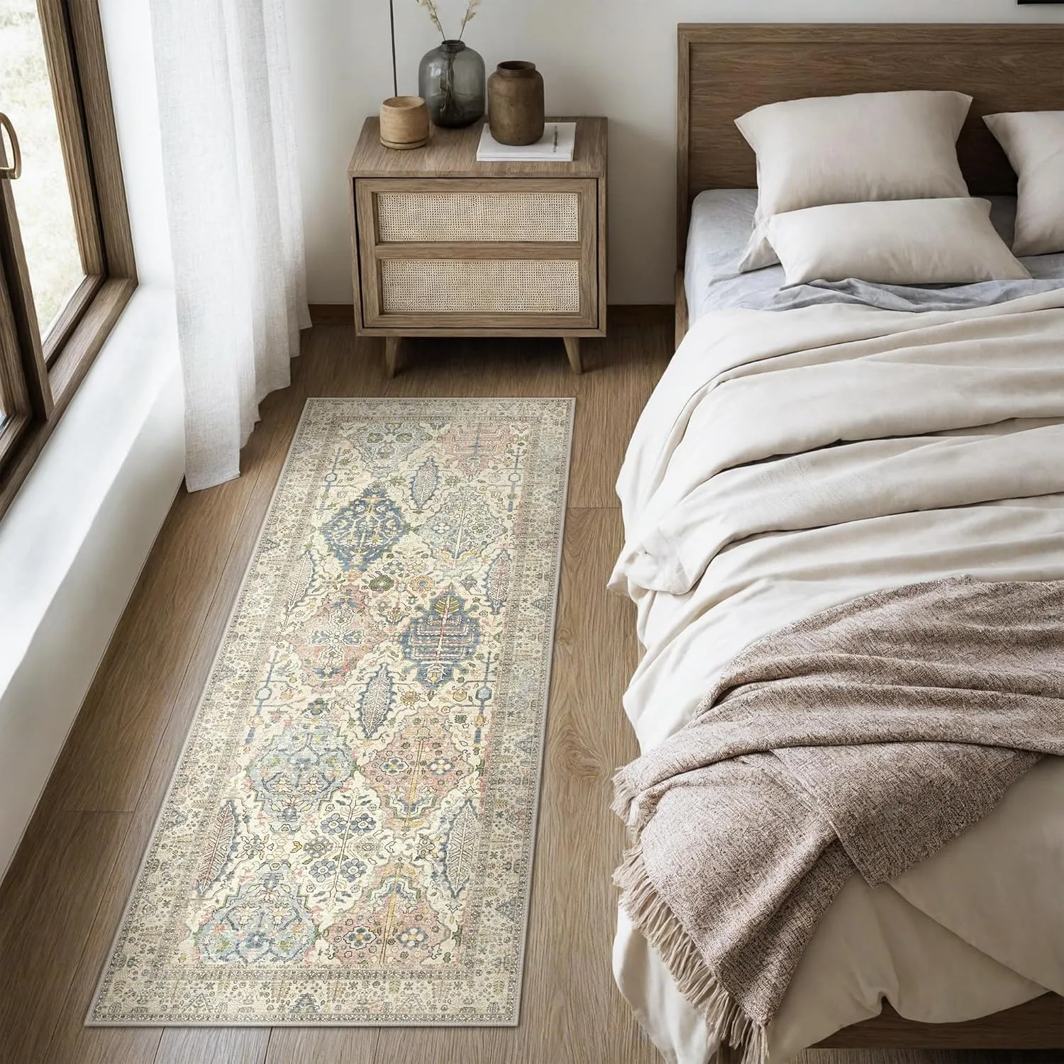 Bavni Boho Rug 2X5, Machine Washable Non Slip Runner Rug, Floral Vintage Runners for Hallway, Kitchen and Bedroom, Light Weight Ultra Thin Design, Easy Care, Light Beige