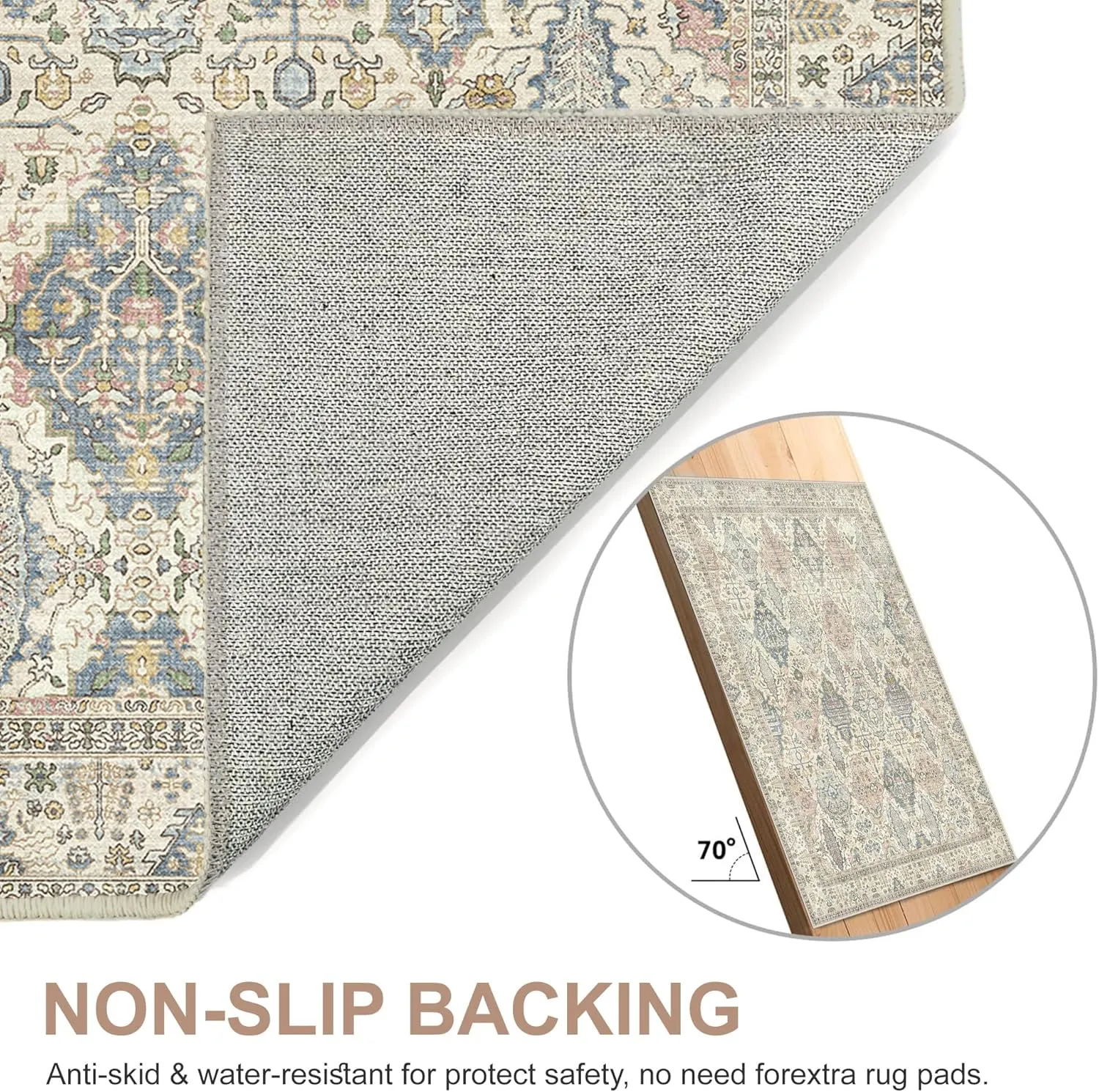Bavni Boho Rug 2X5, Machine Washable Non Slip Runner Rug, Floral Vintage Runners for Hallway, Kitchen and Bedroom, Light Weight Ultra Thin Design, Easy Care, Light Beige