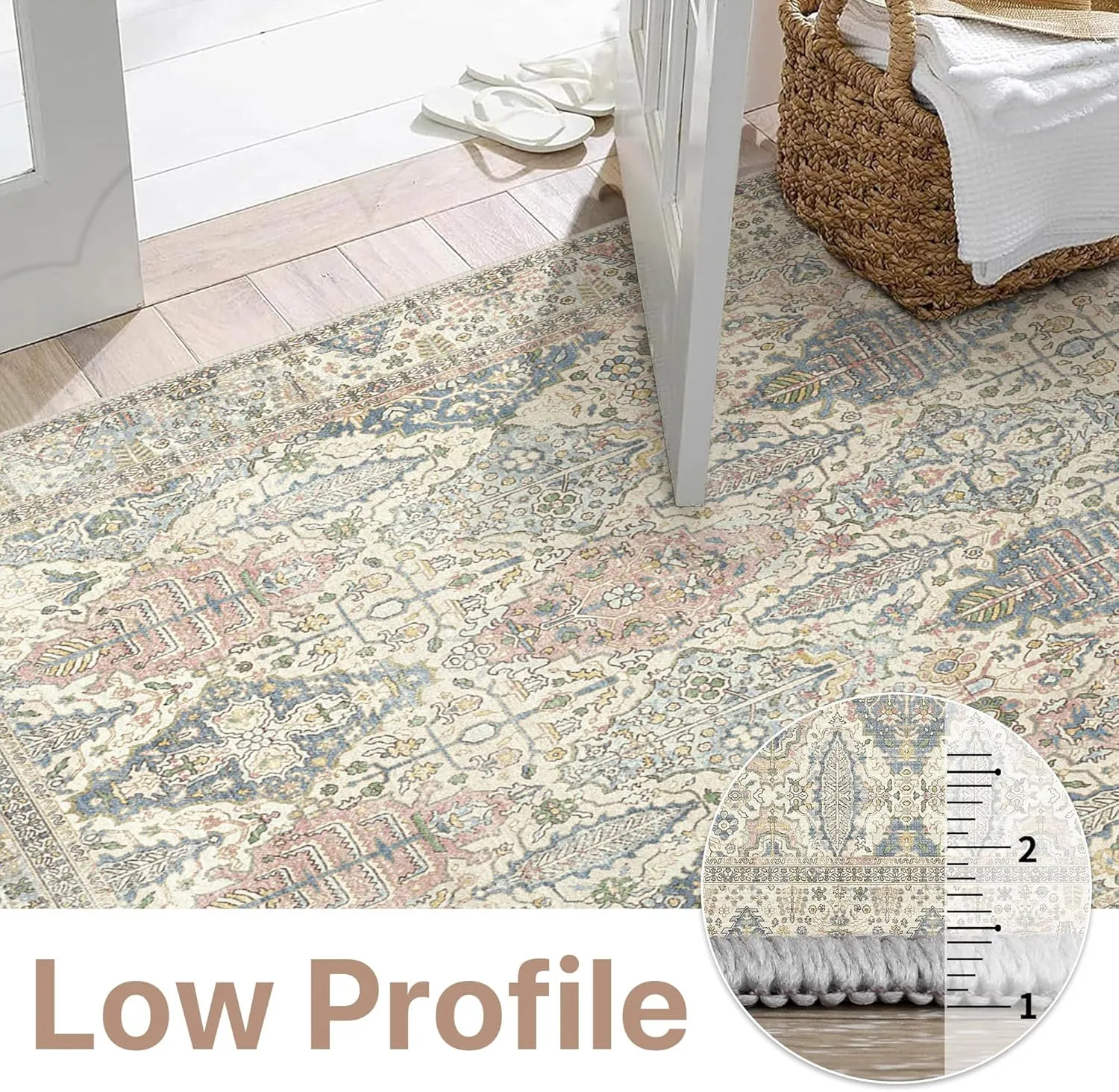 Bavni Boho Rug 2X5, Machine Washable Non Slip Runner Rug, Floral Vintage Runners for Hallway, Kitchen and Bedroom, Light Weight Ultra Thin Design, Easy Care, Light Beige
