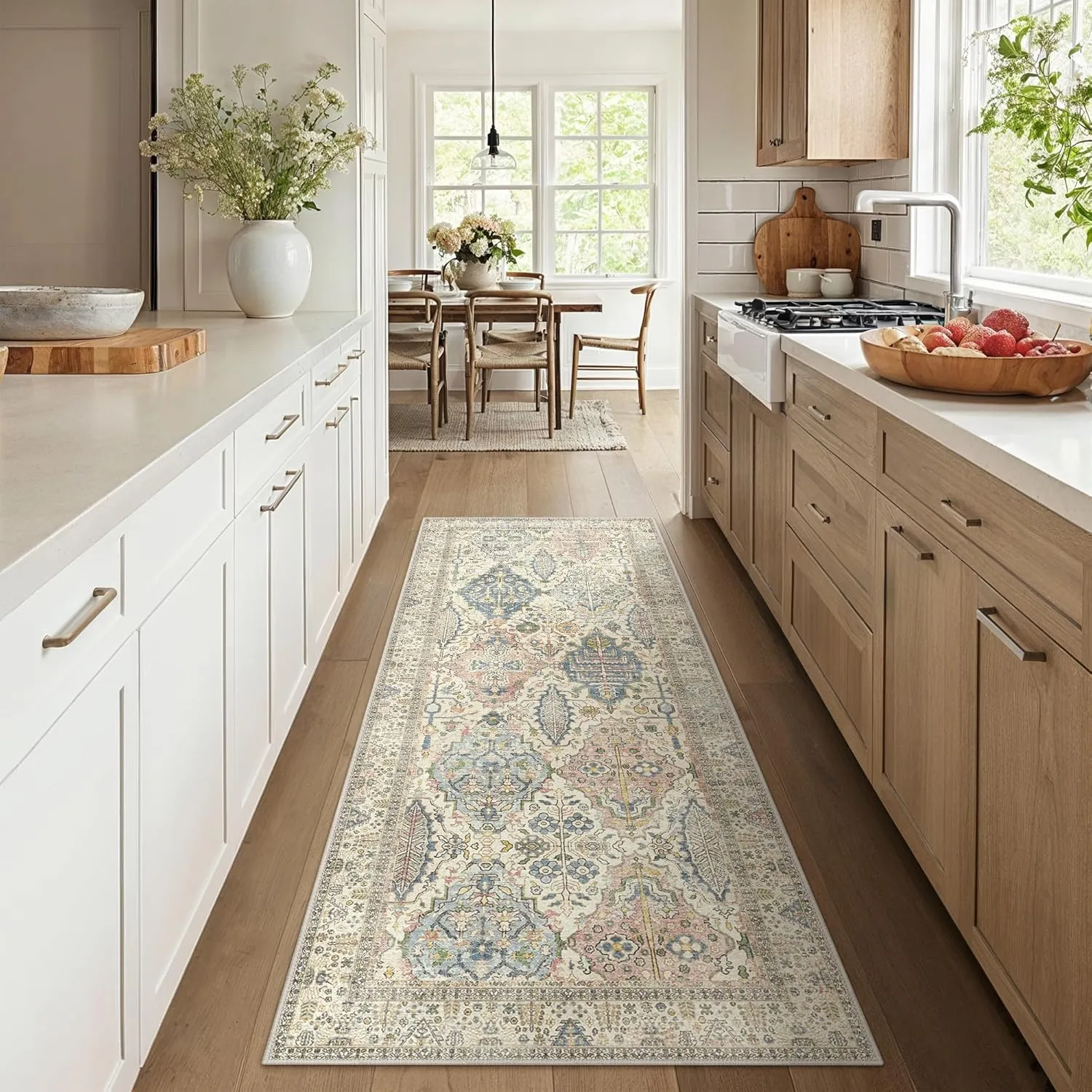 Bavni Boho Rug 2X5, Machine Washable Non Slip Runner Rug, Floral Vintage Runners for Hallway, Kitchen and Bedroom, Light Weight Ultra Thin Design, Easy Care, Light Beige