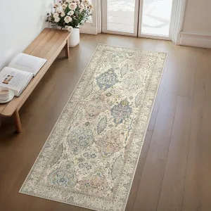 Bavni Boho Rug 2X5, Machine Washable Non Slip Runner Rug, Floral Vintage Runners for Hallway, Kitchen and Bedroom, Light Weight Ultra Thin Design, Easy Care, Light Beige