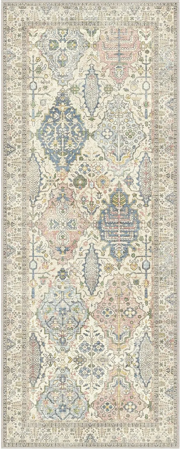 Bavni Boho Rug 2X5, Machine Washable Non Slip Runner Rug, Floral Vintage Runners for Hallway, Kitchen and Bedroom, Light Weight Ultra Thin Design, Easy Care, Light Beige