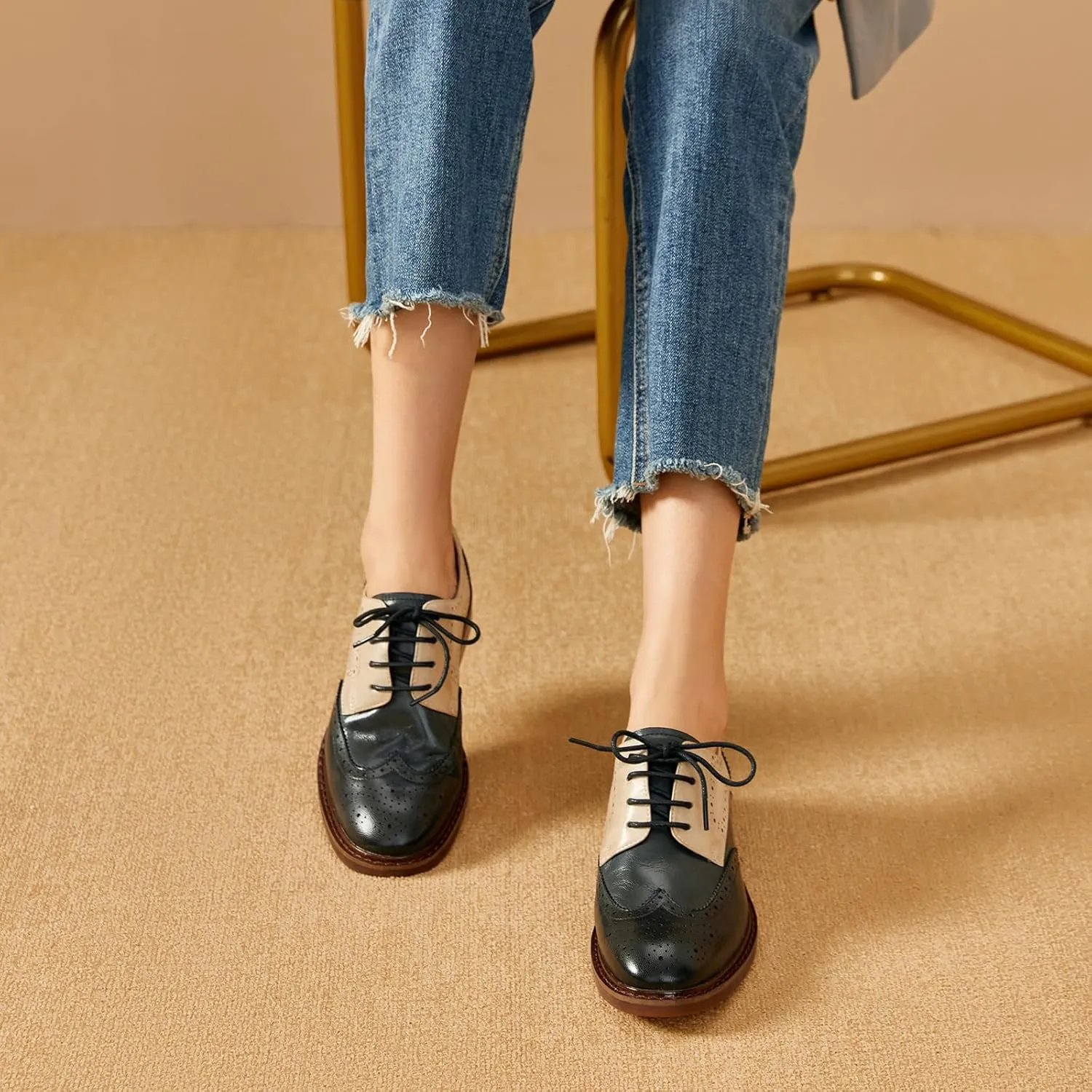 BEAU TODAY Oxford Shoes for Women,Leather Brogue Dress Shoes,Comfort Brethable Ladies Lace-up Handmade Wingtip Shoes for Business Work