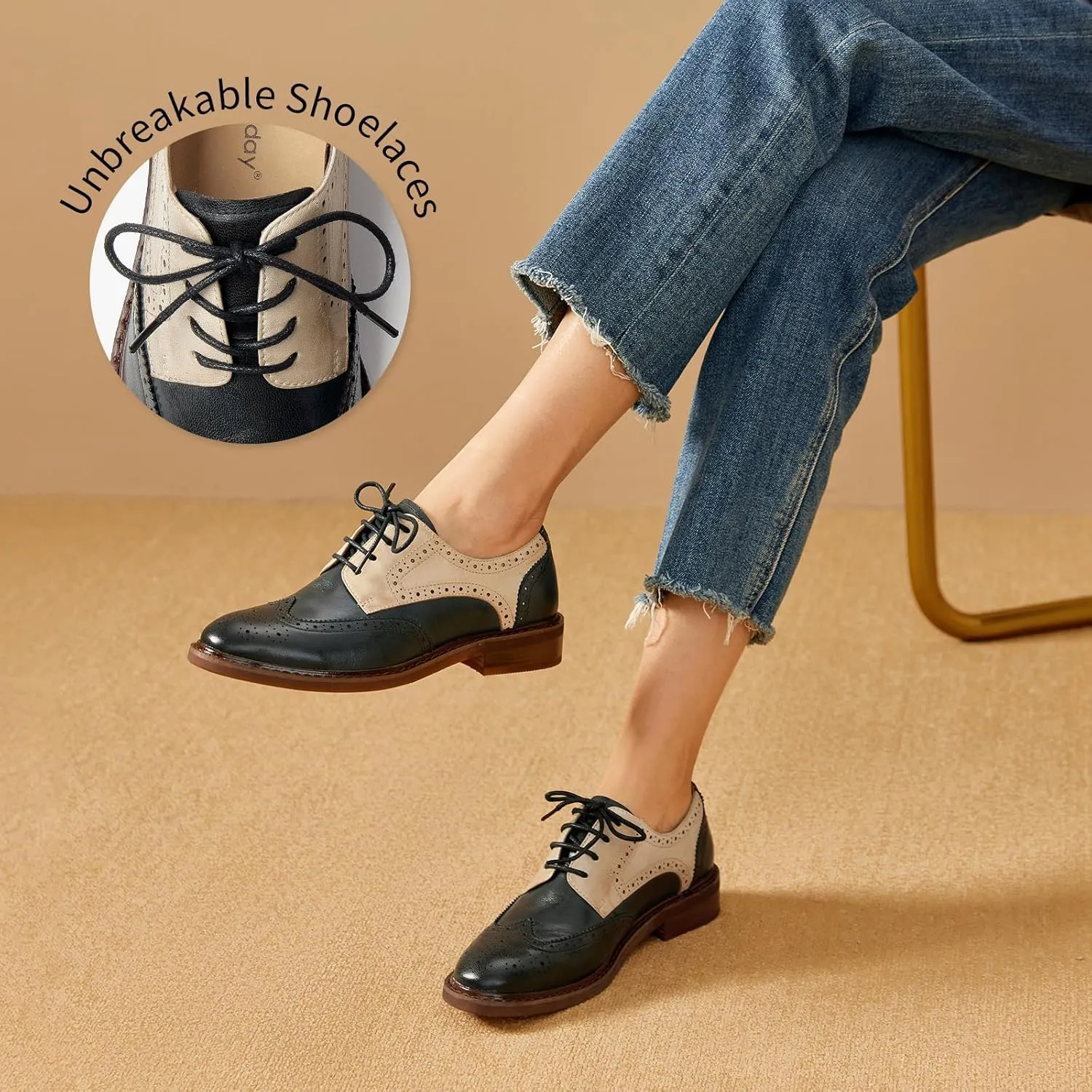 BEAU TODAY Oxford Shoes for Women,Leather Brogue Dress Shoes,Comfort Brethable Ladies Lace-up Handmade Wingtip Shoes for Business Work