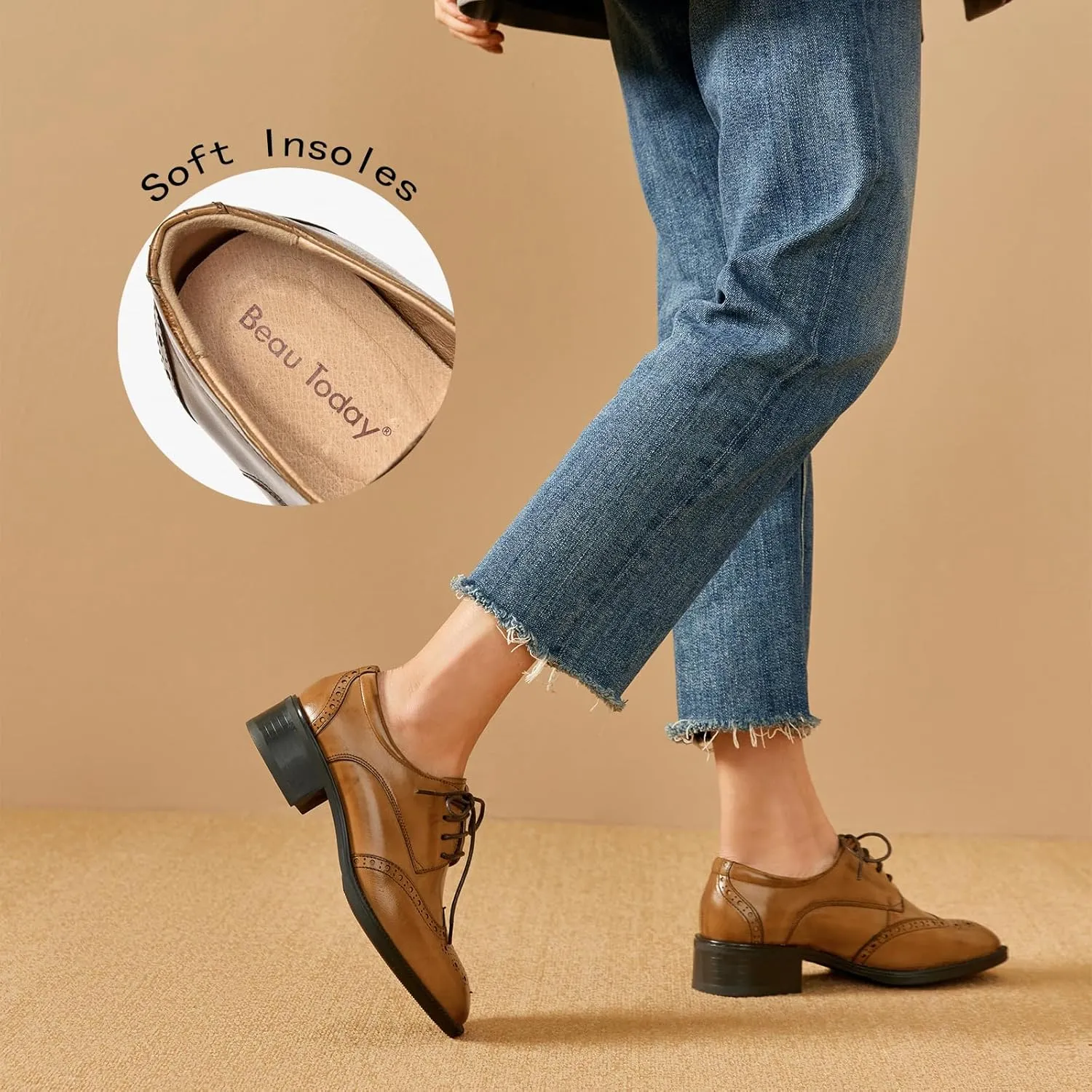BEAU TODAY Oxford Shoes for Women,Leather Brogue Dress Shoes,Comfort Brethable Ladies Lace-up Handmade Wingtip Shoes for Business Work