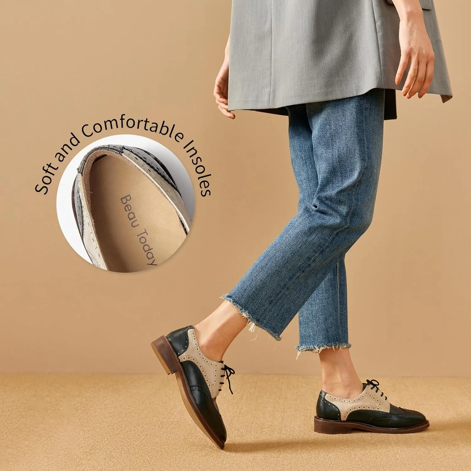 BEAU TODAY Oxford Shoes for Women,Leather Brogue Dress Shoes,Comfort Brethable Ladies Lace-up Handmade Wingtip Shoes for Business Work