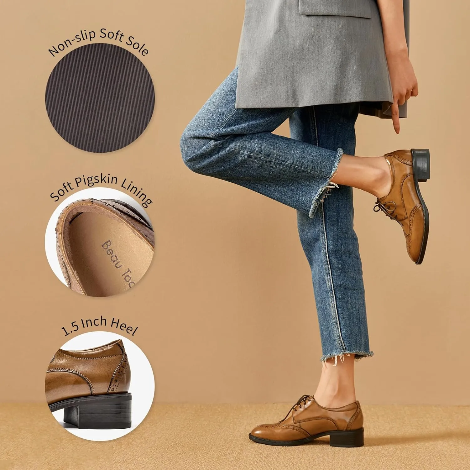 BEAU TODAY Oxford Shoes for Women,Leather Brogue Dress Shoes,Comfort Brethable Ladies Lace-up Handmade Wingtip Shoes for Business Work
