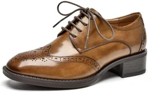 BEAU TODAY Oxford Shoes for Women,Leather Brogue Dress Shoes,Comfort Brethable Ladies Lace-up Handmade Wingtip Shoes for Business Work