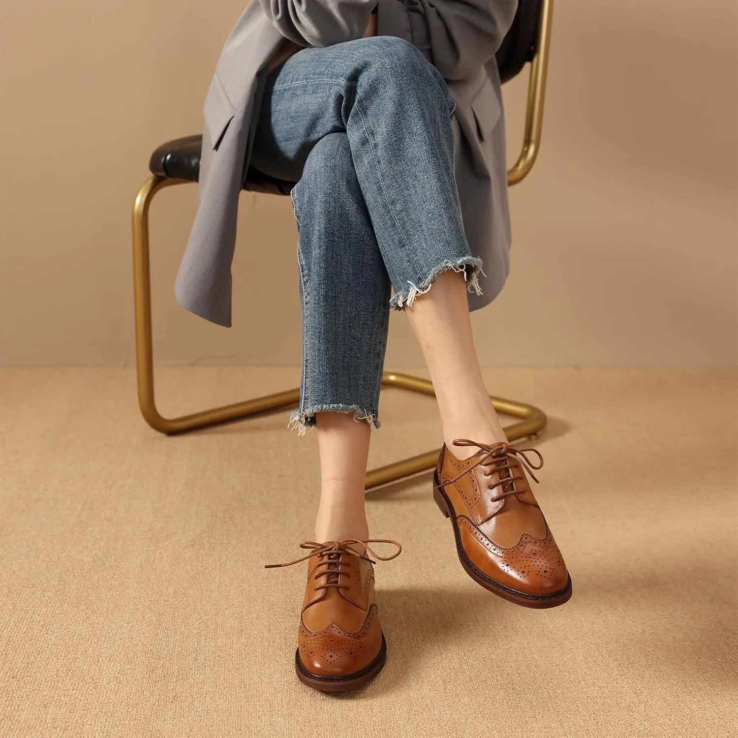 BEAU TODAY Oxford Shoes for Women,Leather Brogue Dress Shoes,Comfort Brethable Ladies Lace-up Handmade Wingtip Shoes for Business Work