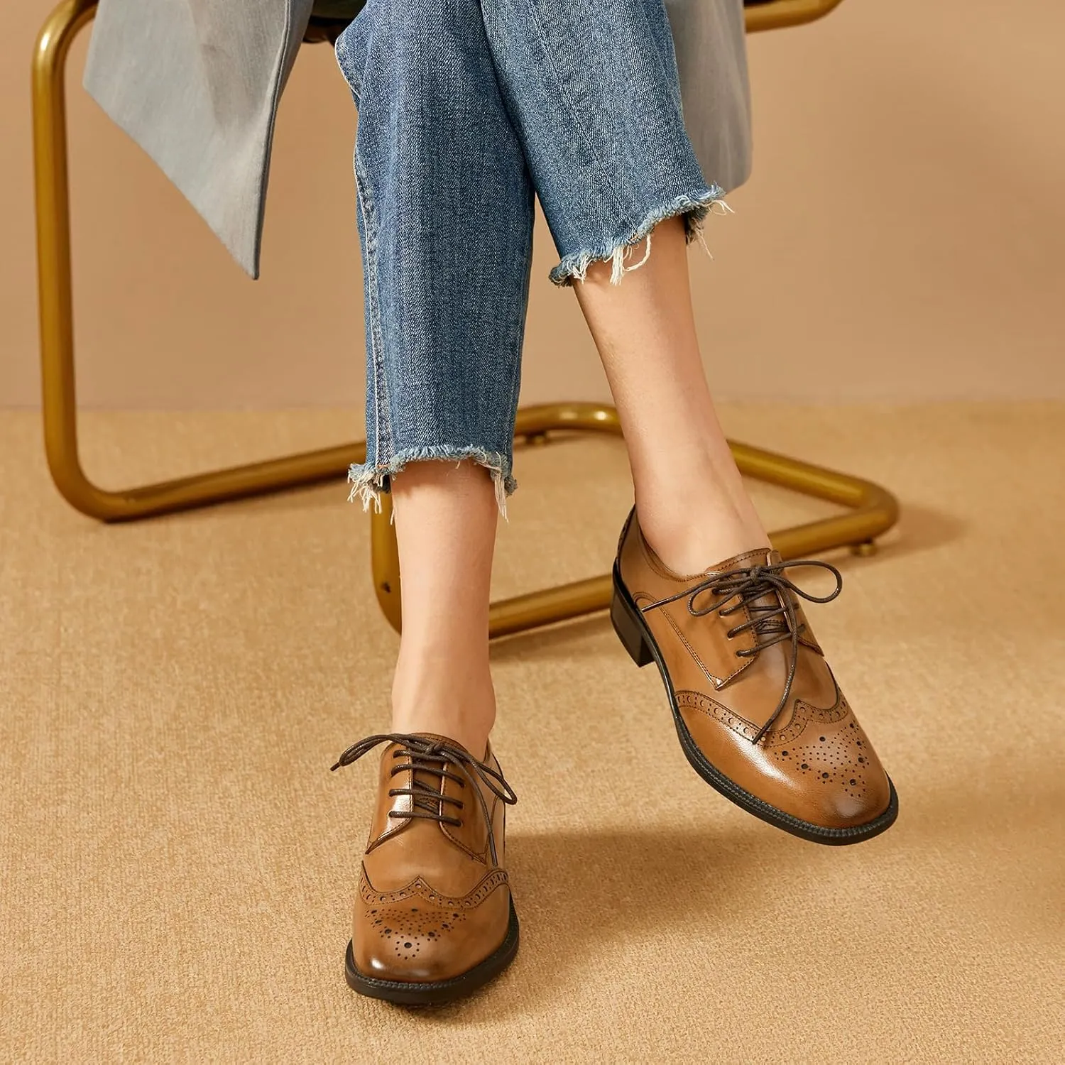 BEAU TODAY Oxford Shoes for Women,Leather Brogue Dress Shoes,Comfort Brethable Ladies Lace-up Handmade Wingtip Shoes for Business Work