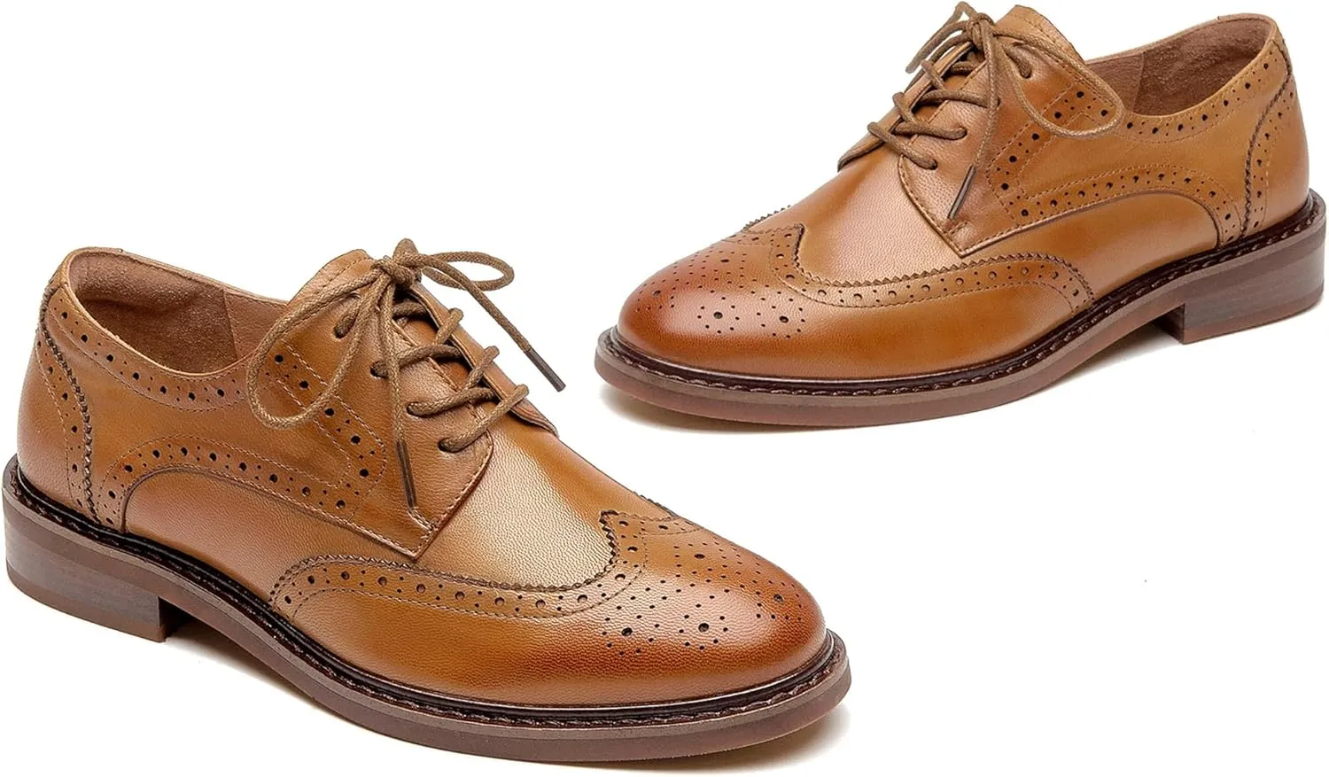 BEAU TODAY Oxford Shoes for Women,Leather Brogue Dress Shoes,Comfort Brethable Ladies Lace-up Handmade Wingtip Shoes for Business Work
