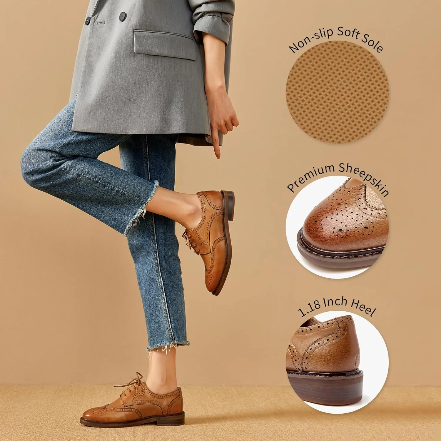 BEAU TODAY Oxford Shoes for Women,Leather Brogue Dress Shoes,Comfort Brethable Ladies Lace-up Handmade Wingtip Shoes for Business Work