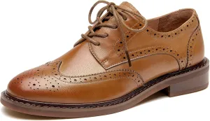 BEAU TODAY Oxford Shoes for Women,Leather Brogue Dress Shoes,Comfort Brethable Ladies Lace-up Handmade Wingtip Shoes for Business Work