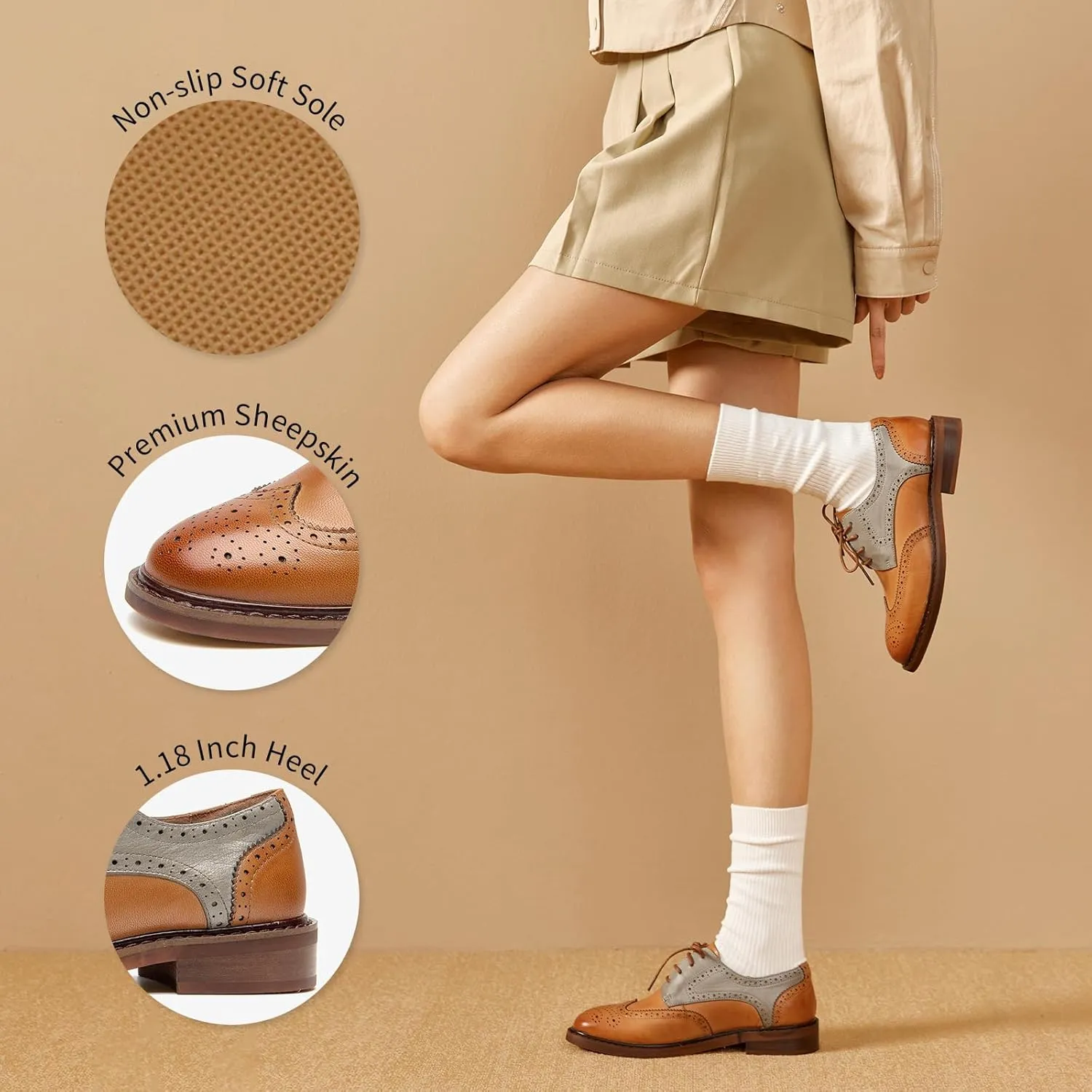 BEAU TODAY Oxford Shoes for Women,Leather Brogue Dress Shoes,Comfort Brethable Ladies Lace-up Handmade Wingtip Shoes for Business Work