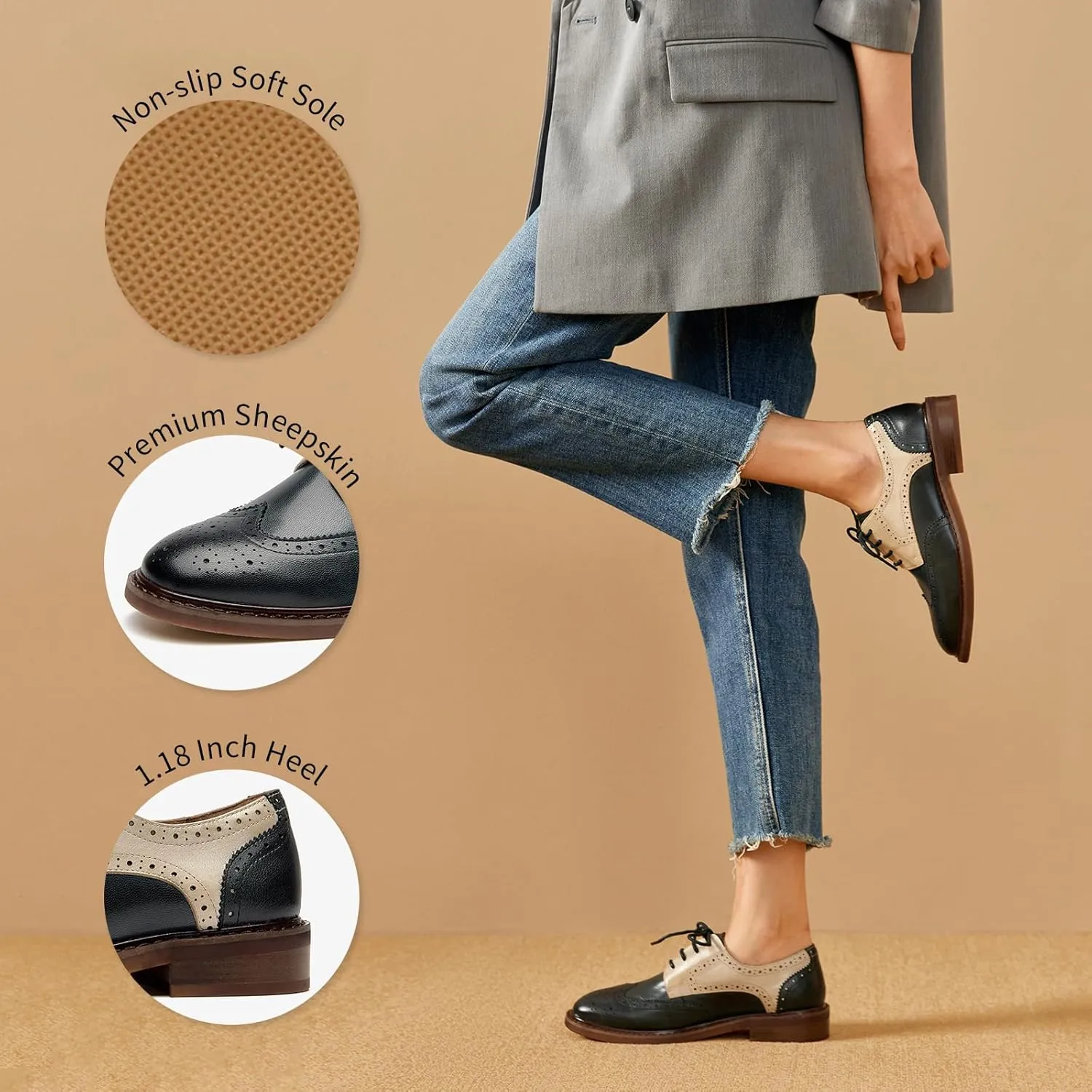 BEAU TODAY Oxford Shoes for Women,Leather Brogue Dress Shoes,Comfort Brethable Ladies Lace-up Handmade Wingtip Shoes for Business Work