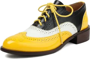Betastella Womens Lace Up Wingtip Oxford Shoes Vintage Brogue Oxfords Round Toe Chunky Low Heel Pumps Shoes