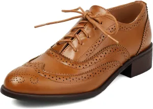 Betastella Womens Lace Up Wingtip Oxford Shoes Vintage Brogue Oxfords Round Toe Chunky Low Heel Pumps Shoes