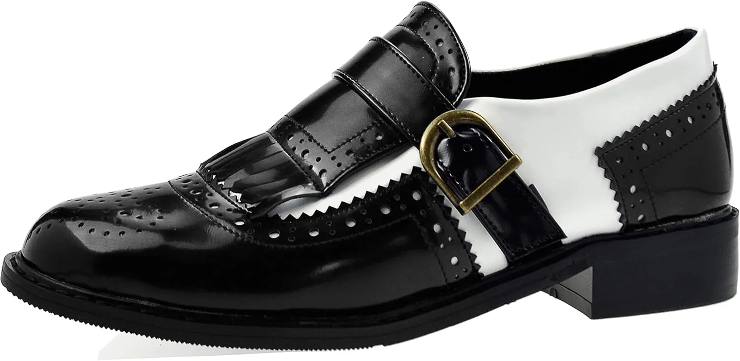 Black and White Oxfords for Women Tassel Patent Leather Chunky Low Heels Slip On Footwear Pumps Shoes Two Tone Oxford Shoes
