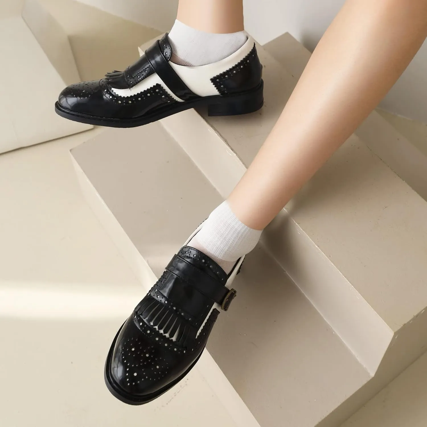 Black and White Oxfords for Women Tassel Patent Leather Chunky Low Heels Slip On Footwear Pumps Shoes Two Tone Oxford Shoes