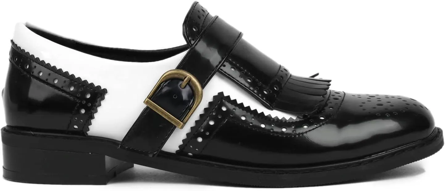 Black and White Oxfords for Women Tassel Patent Leather Chunky Low Heels Slip On Footwear Pumps Shoes Two Tone Oxford Shoes