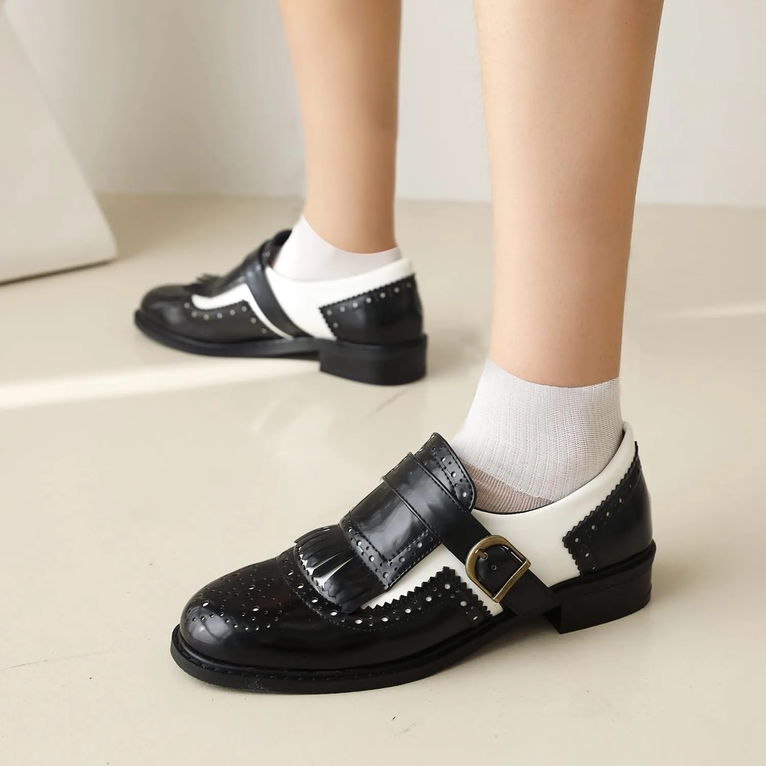 Black and White Oxfords for Women Tassel Patent Leather Chunky Low Heels Slip On Footwear Pumps Shoes Two Tone Oxford Shoes