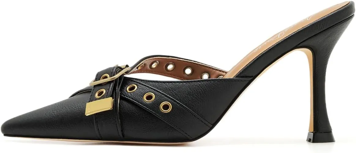 Black Kitten Heels for Women Pointed Toe Leather Buckled Strap Vintage Heel Mules Studded Dressy Stiletto Heels Pumps Slip on Heeled Sandals