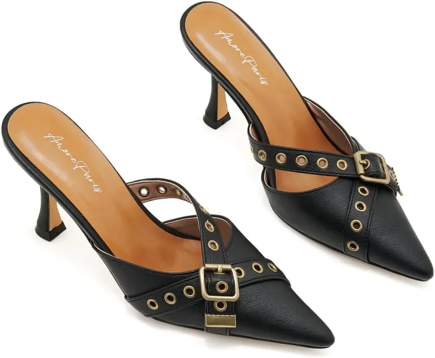 Black Kitten Heels for Women Pointed Toe Leather Buckled Strap Vintage Heel Mules Studded Dressy Stiletto Heels Pumps Slip on Heeled Sandals