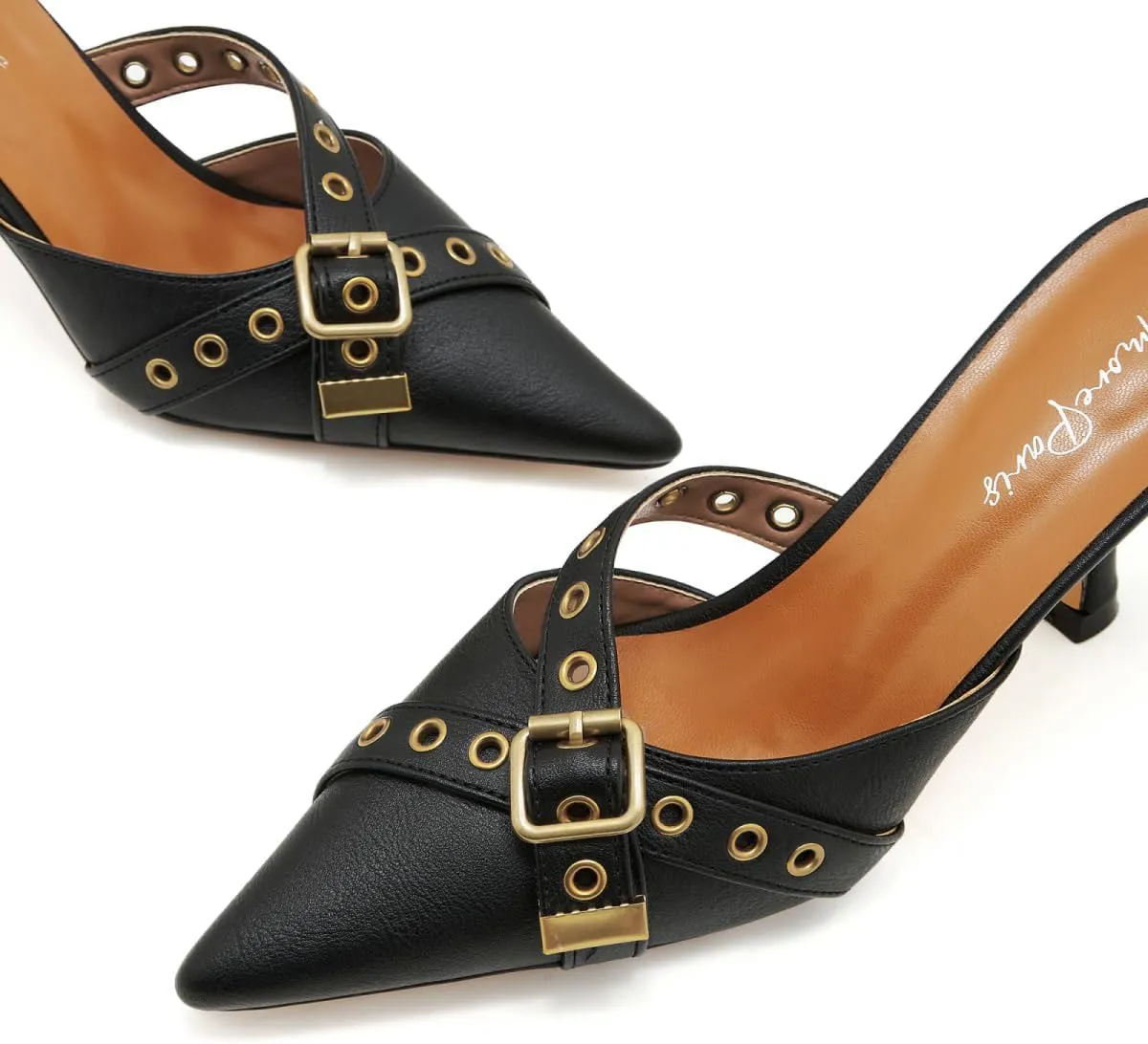 Black Kitten Heels for Women Pointed Toe Leather Buckled Strap Vintage Heel Mules Studded Dressy Stiletto Heels Pumps Slip on Heeled Sandals
