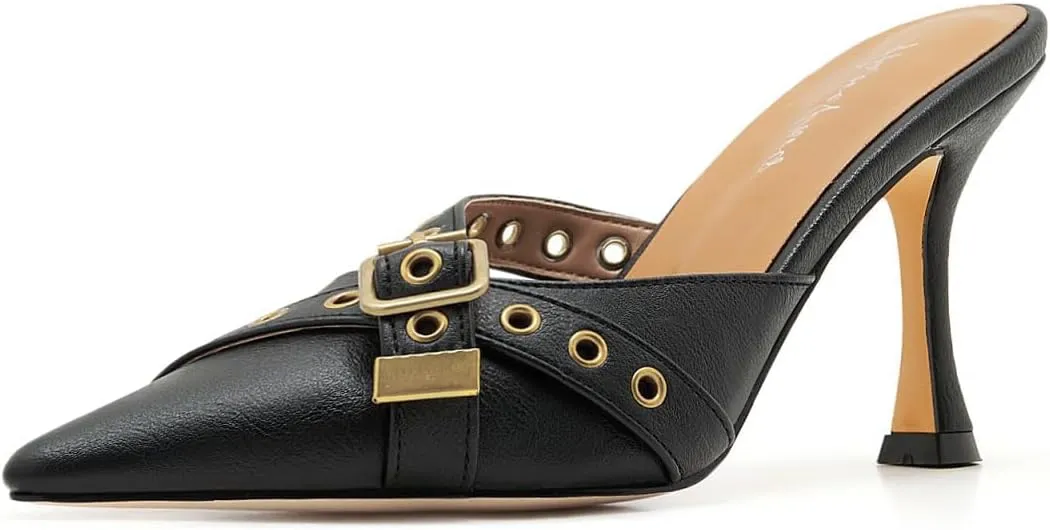 Black Kitten Heels for Women Pointed Toe Leather Buckled Strap Vintage Heel Mules Studded Dressy Stiletto Heels Pumps Slip on Heeled Sandals